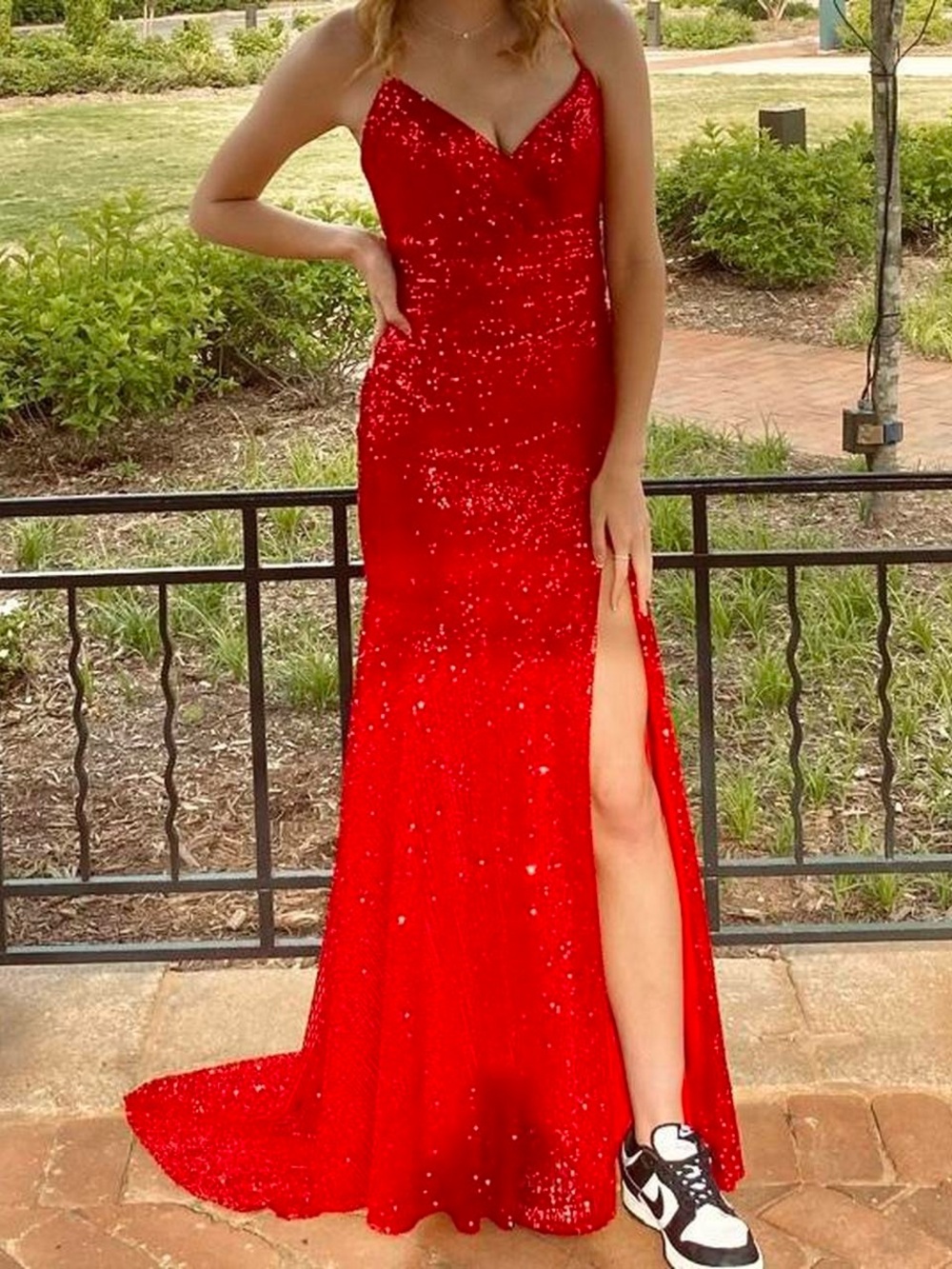La Femme Red Sequin V-Neck Spaghetti Strap Prom Gown with Side Slit